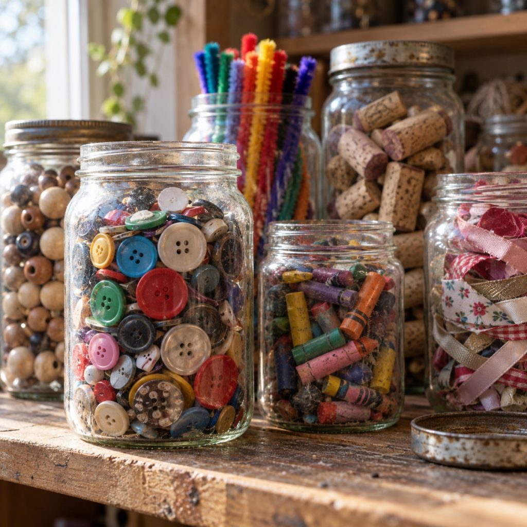 Bocaux de boutons, perles et crayons dans l'atelier