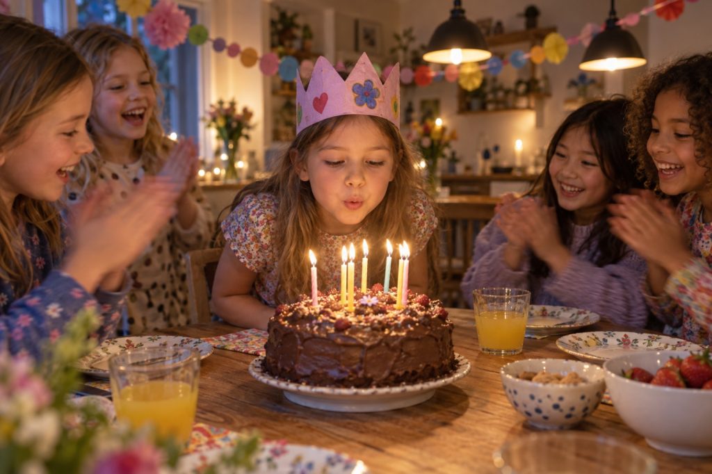 Une enfant souffle les bougies de son gâteau d'anniversaire