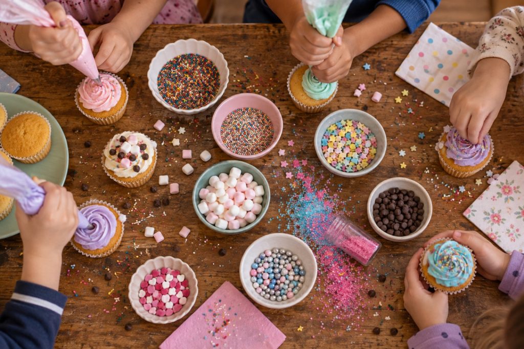 Enfants qui décorent des cupcakes pendant un anniversaire