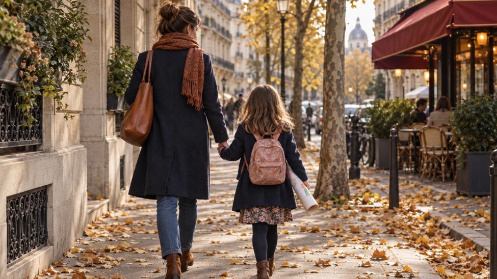 Une maman et sa fille marchent vers l'atelier