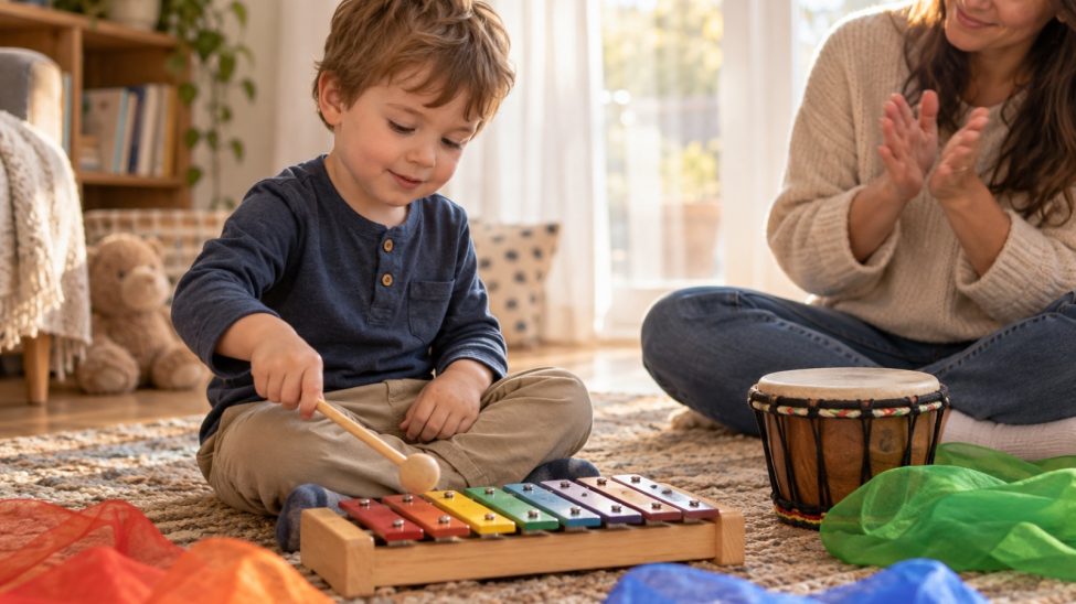Tout-petit qui joue du xylophone en éveil musical