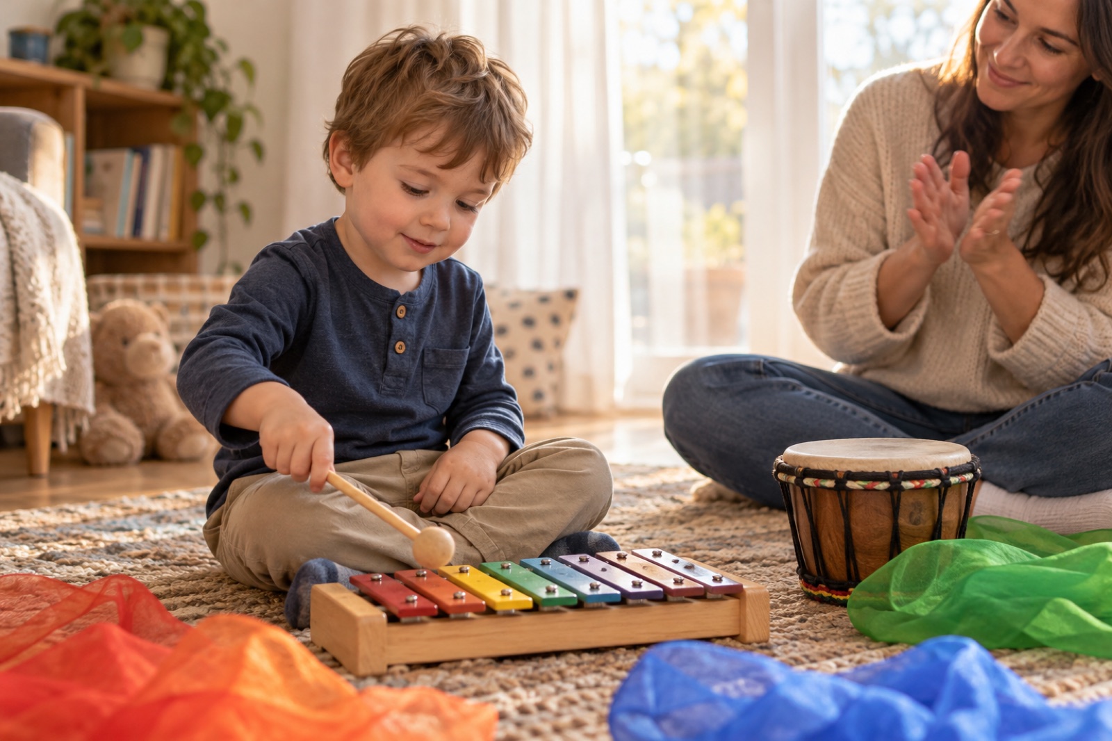 Tout-petit qui joue du xylophone en éveil musical