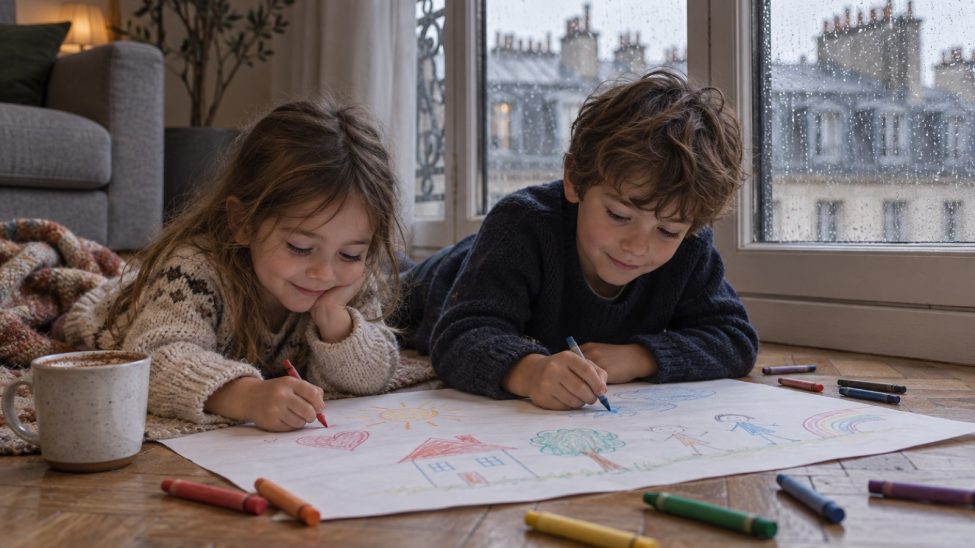 Enfants qui dessinent près d'une fenêtre un jour de pluie