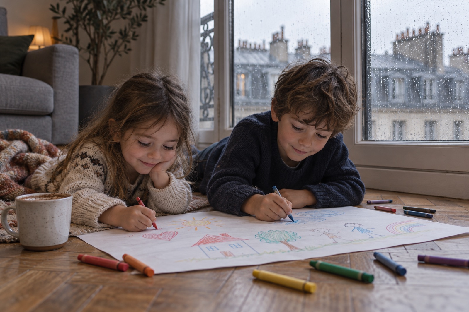 Enfants qui dessinent près d'une fenêtre un jour de pluie