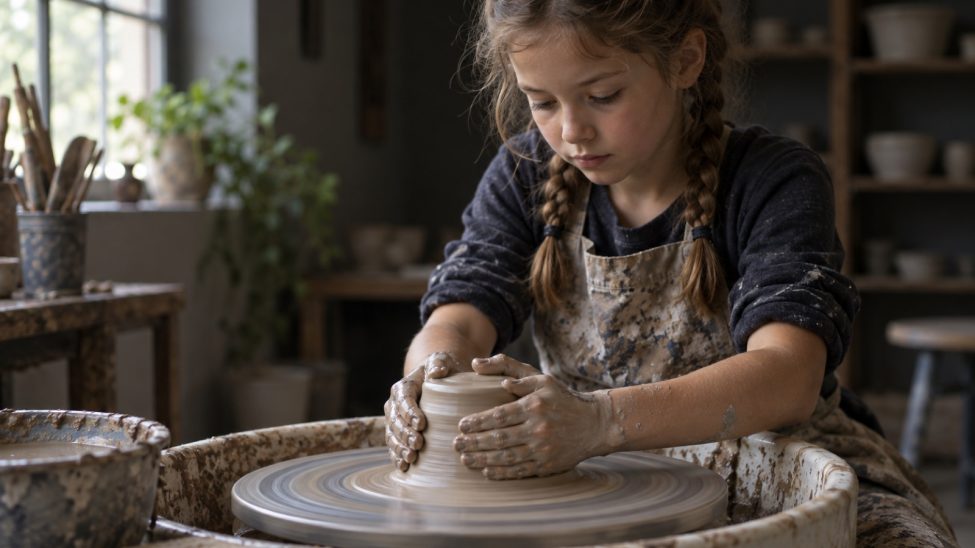 Enfant concentré sur le tour de potier