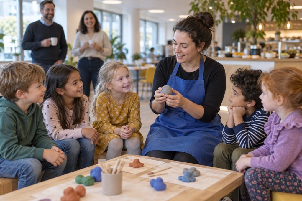 Animatrice qui encadre un atelier enfants dans une entreprise