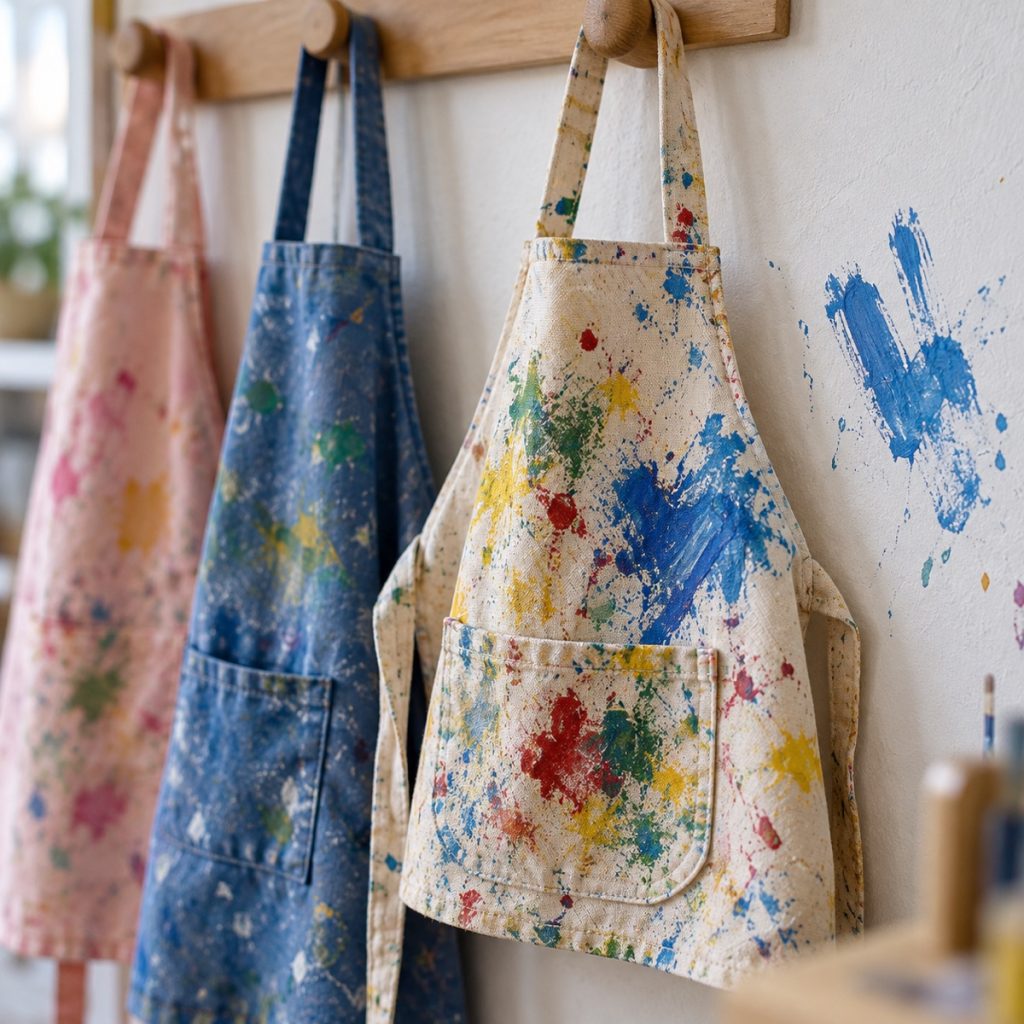 Tablier d'enfant taché de peinture accroché à un crochet