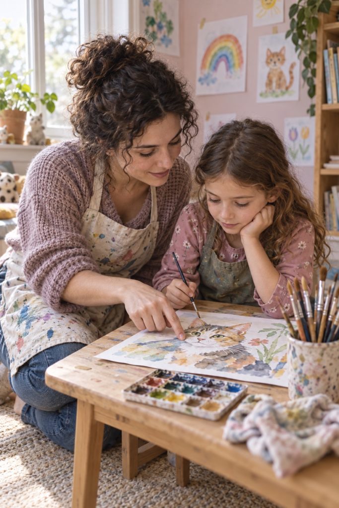Animatrice qui montre une technique d'aquarelle à une enfant