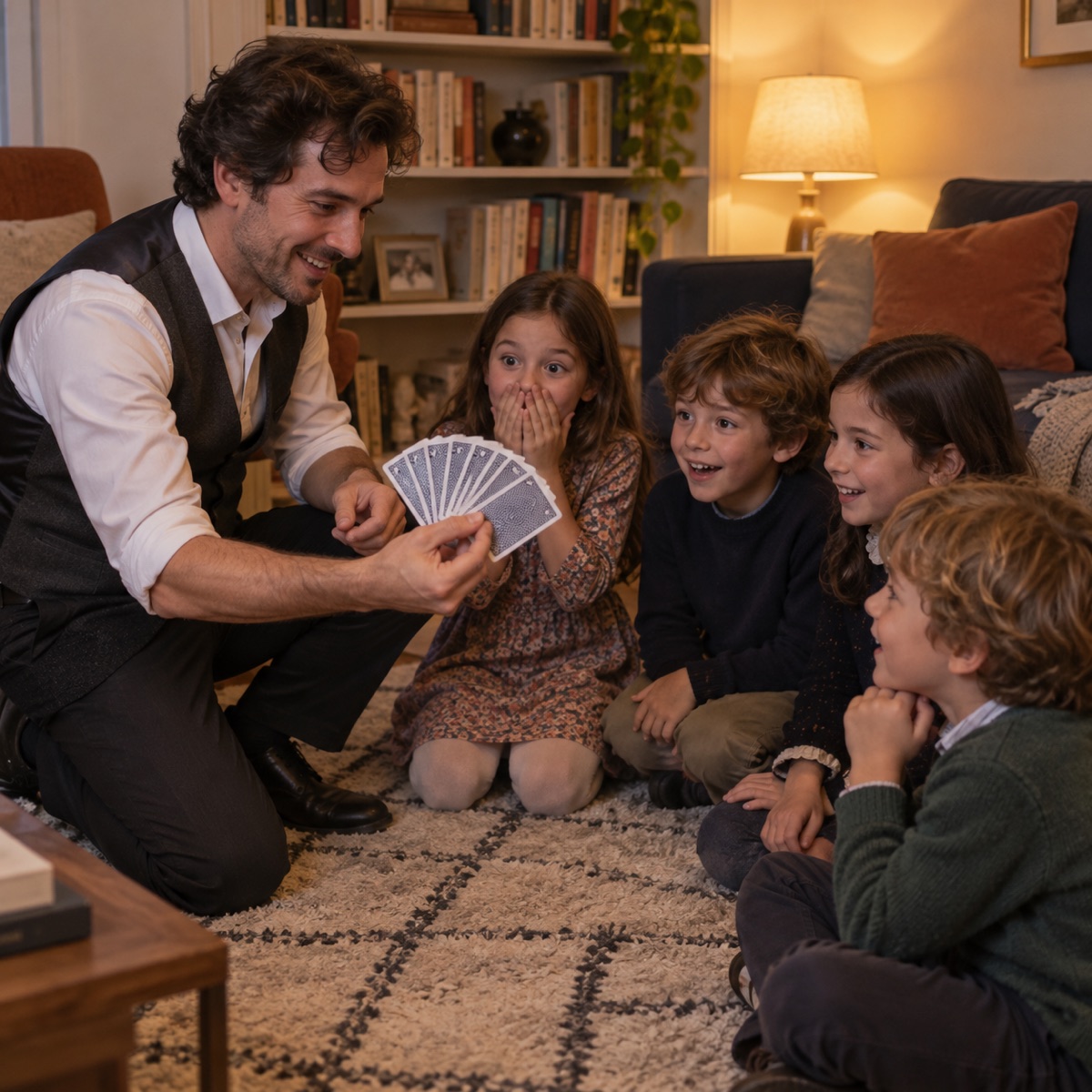 Magicien qui fait un tour de cartes devant des enfants