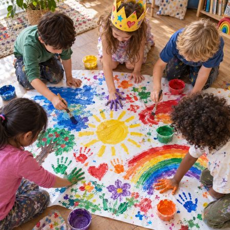 Enfants qui peignent ensemble sur une grande feuille au sol