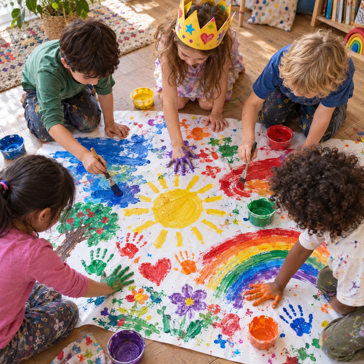 Enfants qui peignent ensemble sur une grande feuille au sol