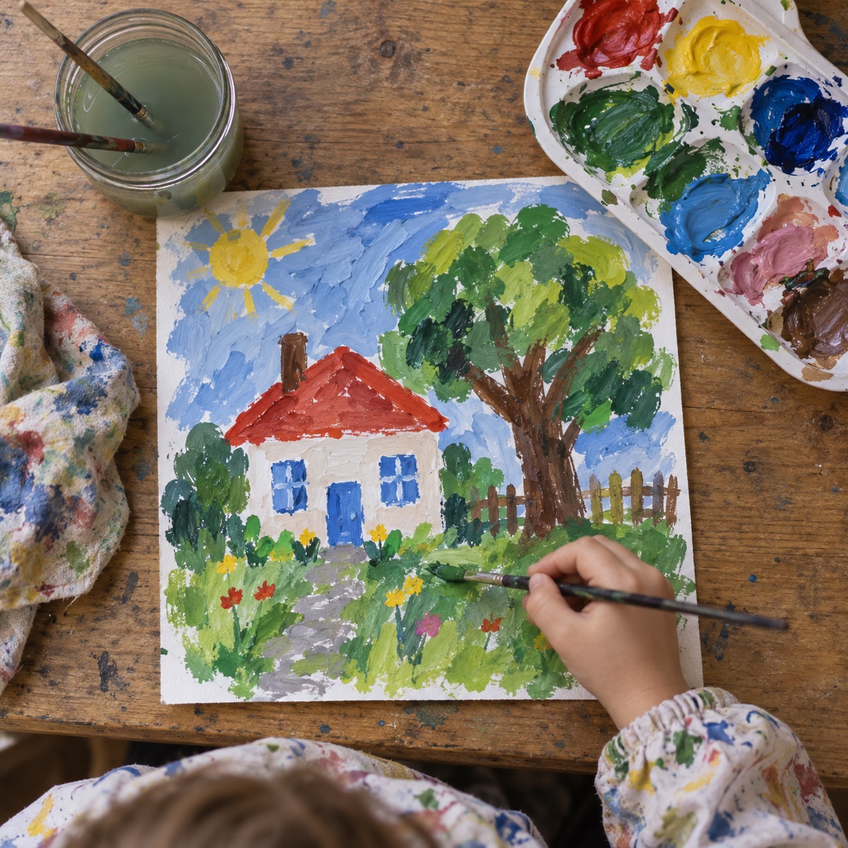 Peinture à la gouache en cours dans l'atelier du mercredi