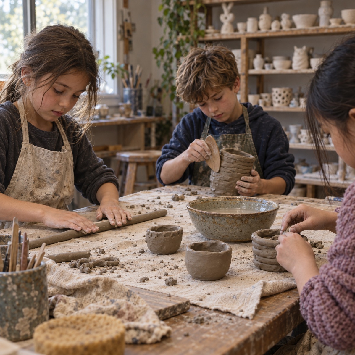Mains d'enfant qui façonnent un bol en argile