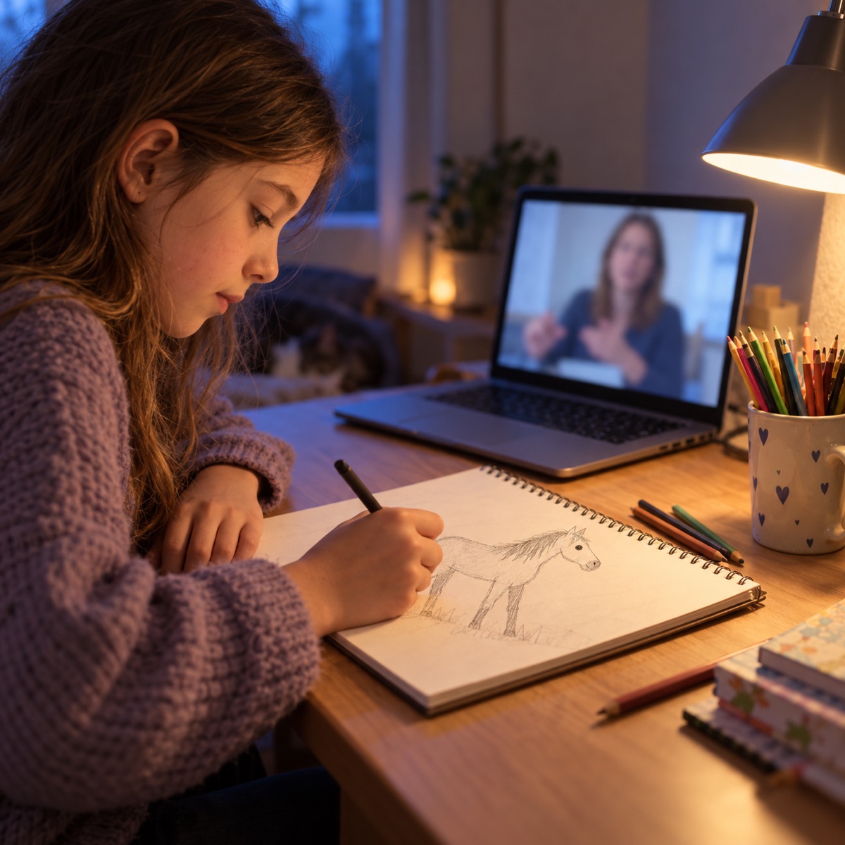 Enfant qui dessine devant un ordinateur portable pendant un cours en visio