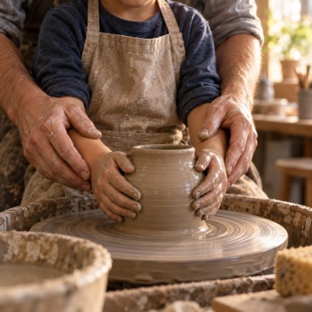 Parent et enfant qui façonnent ensemble une pièce en céramique