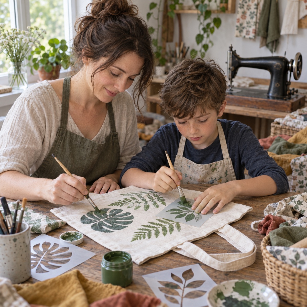 Maman et son fils qui personnalisent un sac en toile