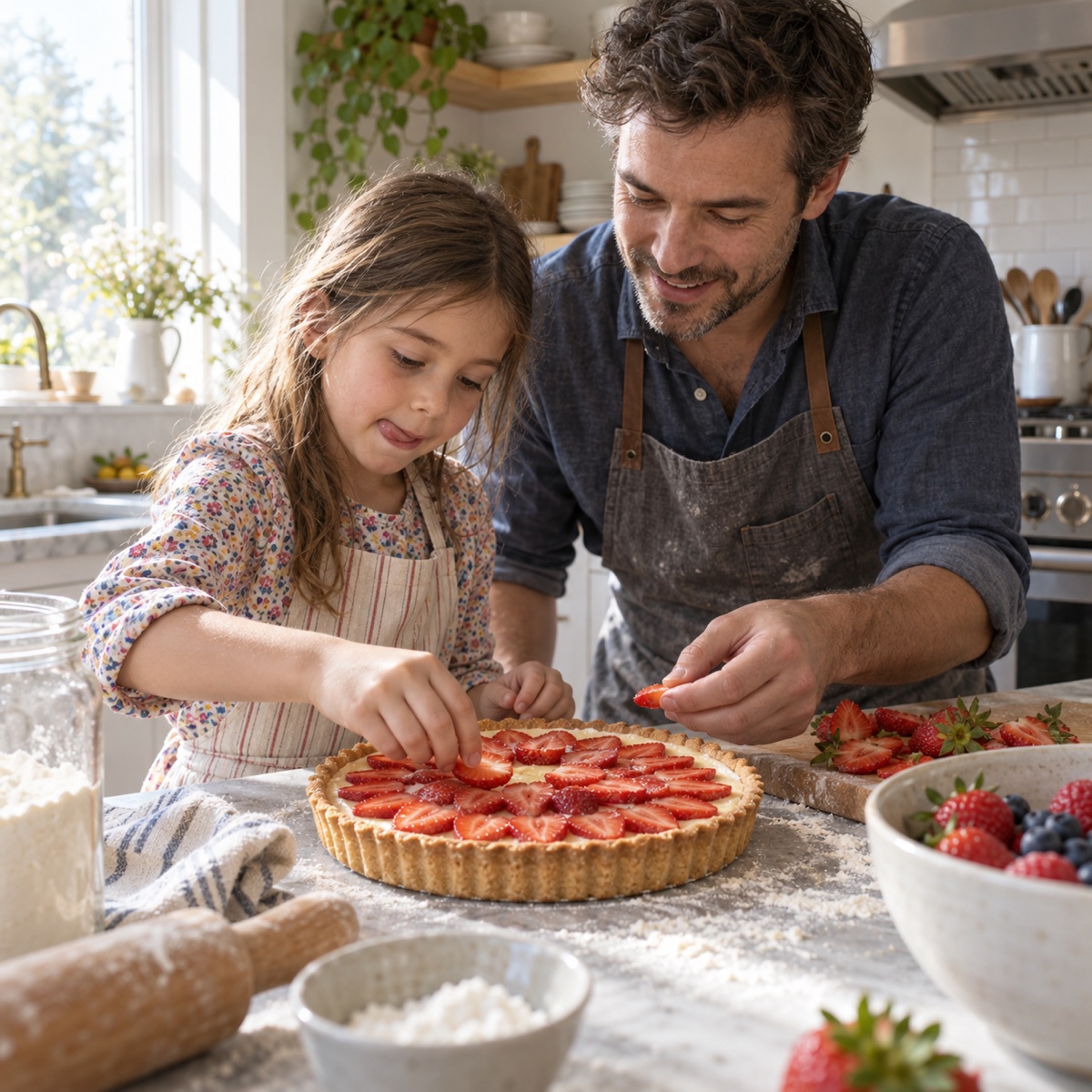Papa et sa fille qui décorent une tarte aux fruits