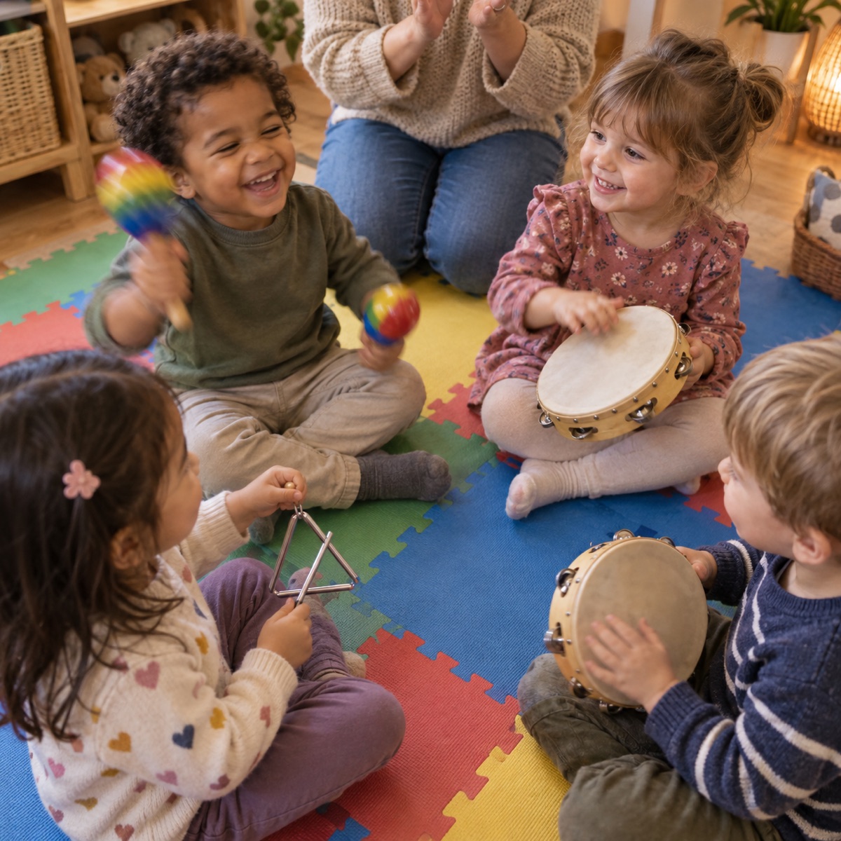 Petits enfants en cercle avec des instruments de musique