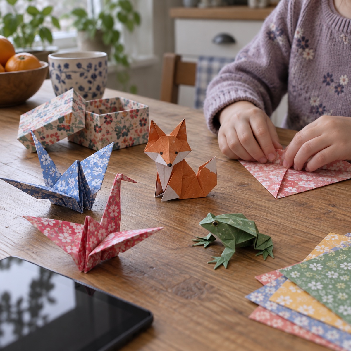 Créations en origami posées sur une table