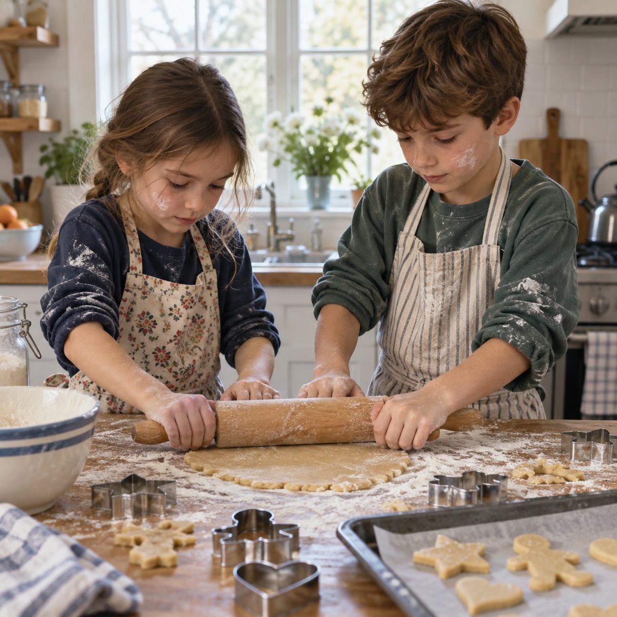 Enfants en tablier qui étalent une pâte à biscuits