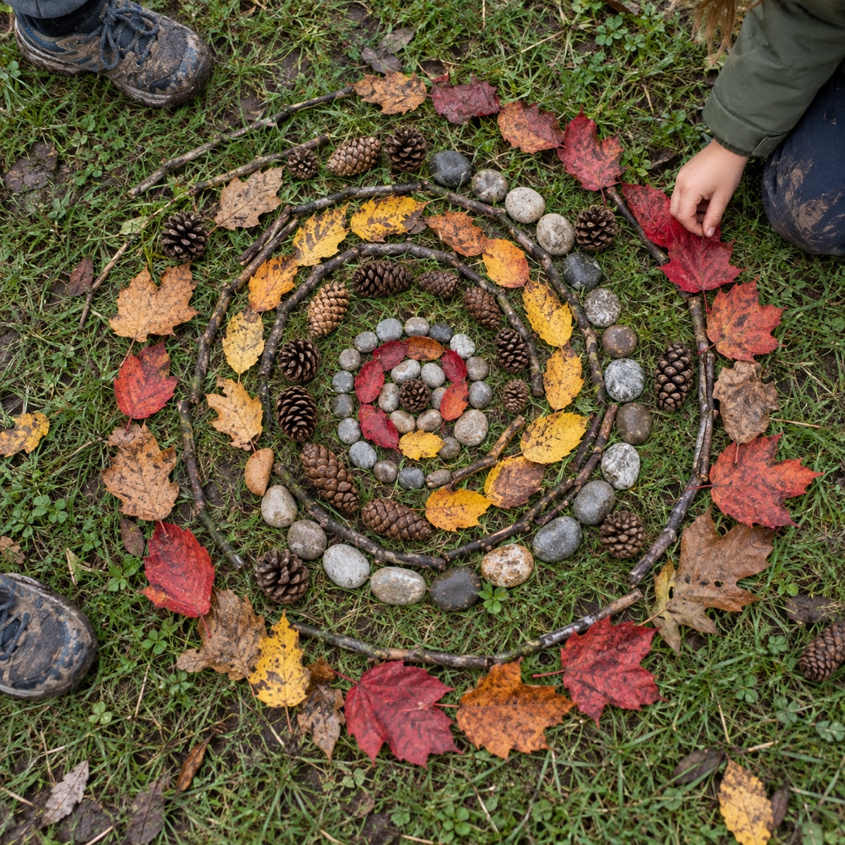 Spirale de land art faite de feuilles et de cailloux