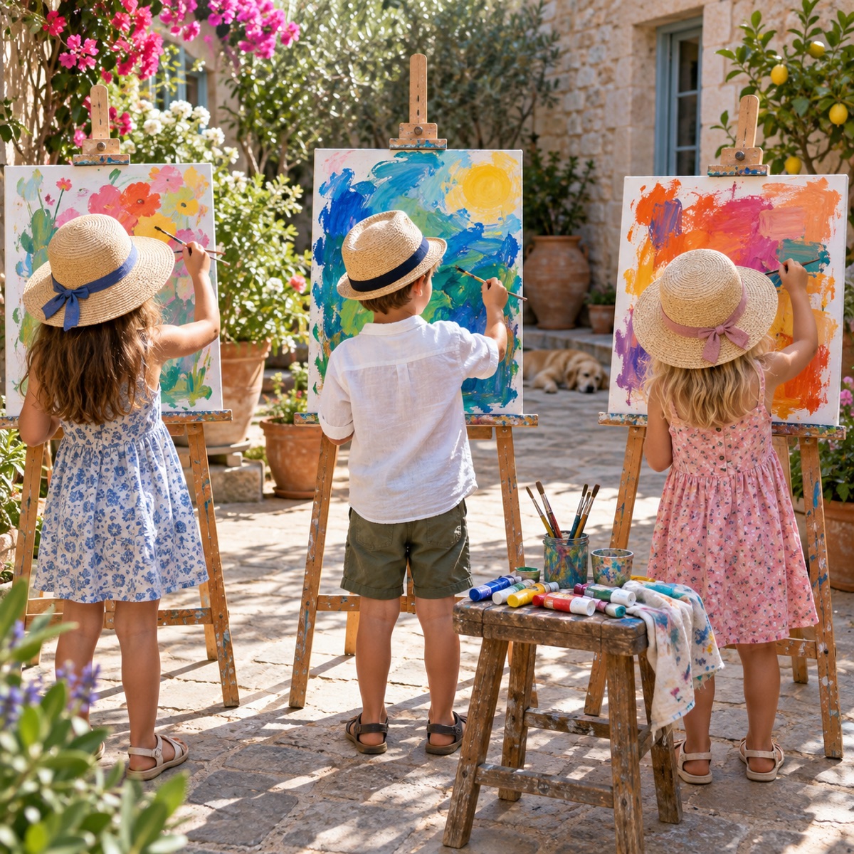 Enfants devant des chevalets en stage peinture