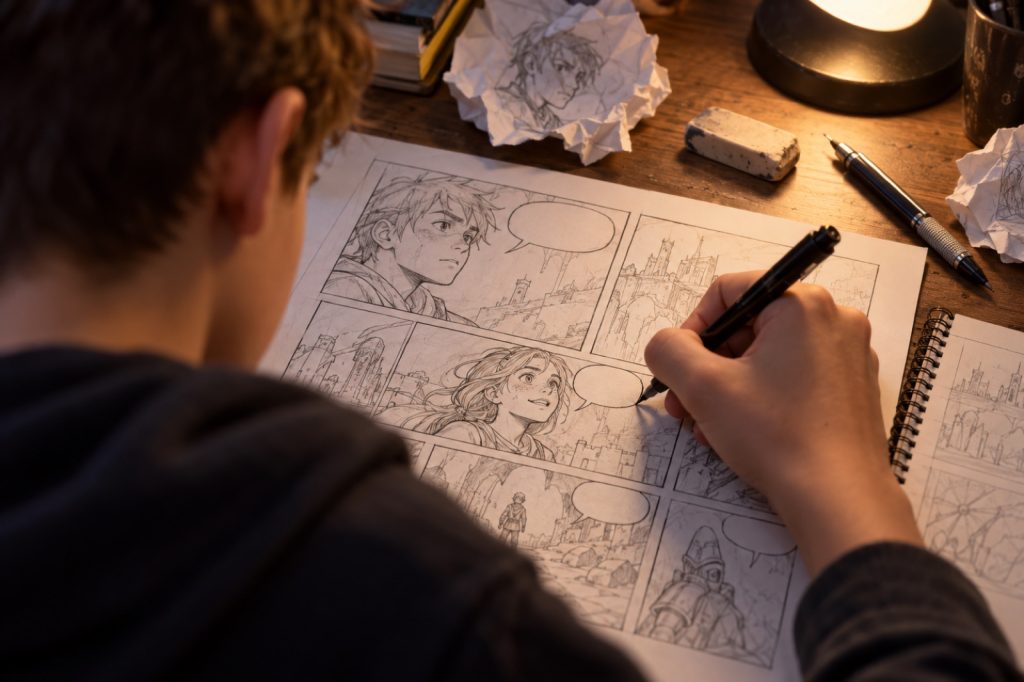 Adolescent qui dessine une planche de bande dessinée