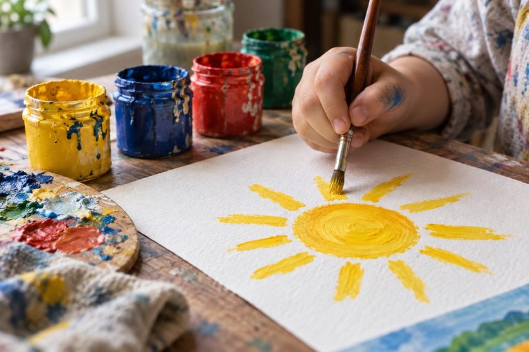 Gros plan sur une main d'enfant qui peint à la gouache