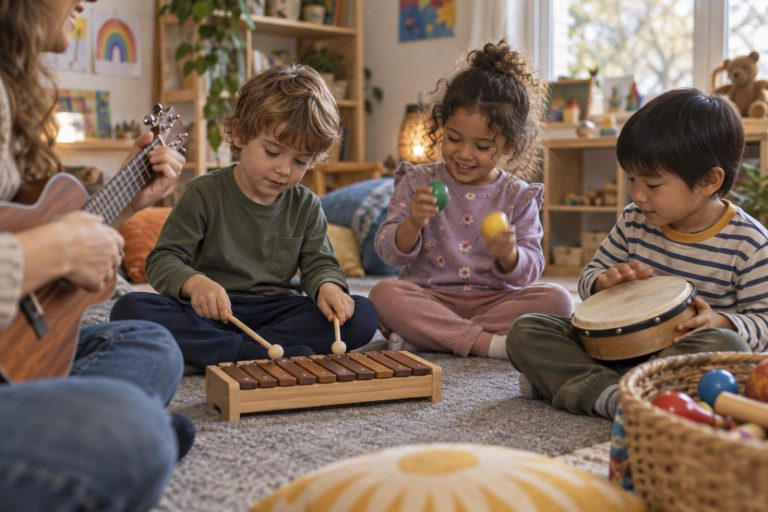 Enfants qui jouent du xylophone et des percussions