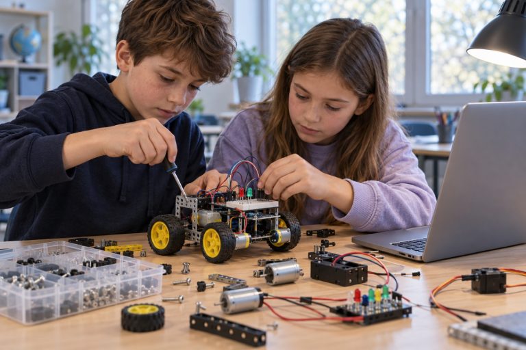 Enfants qui assemblent un petit robot